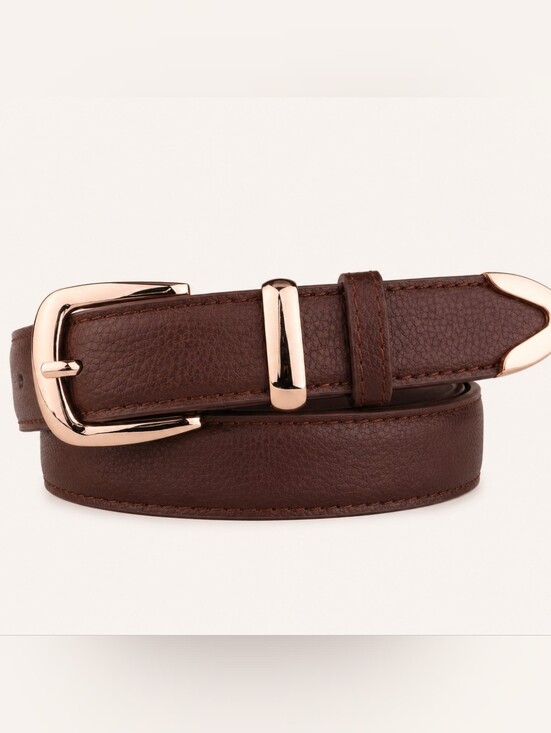 Accessories - Classic Brown Leather Belt with Gold Hardware